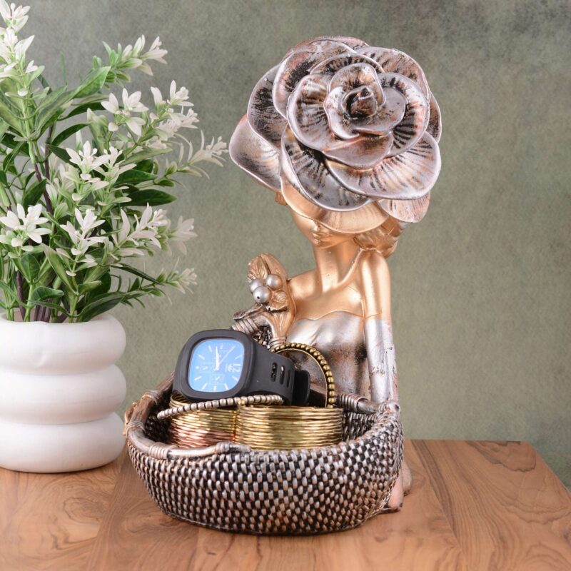 LADY with Basket Showpiece for Home Decor brown Showpiece | Girl Basket Showpiece & Office Decor Showpiece