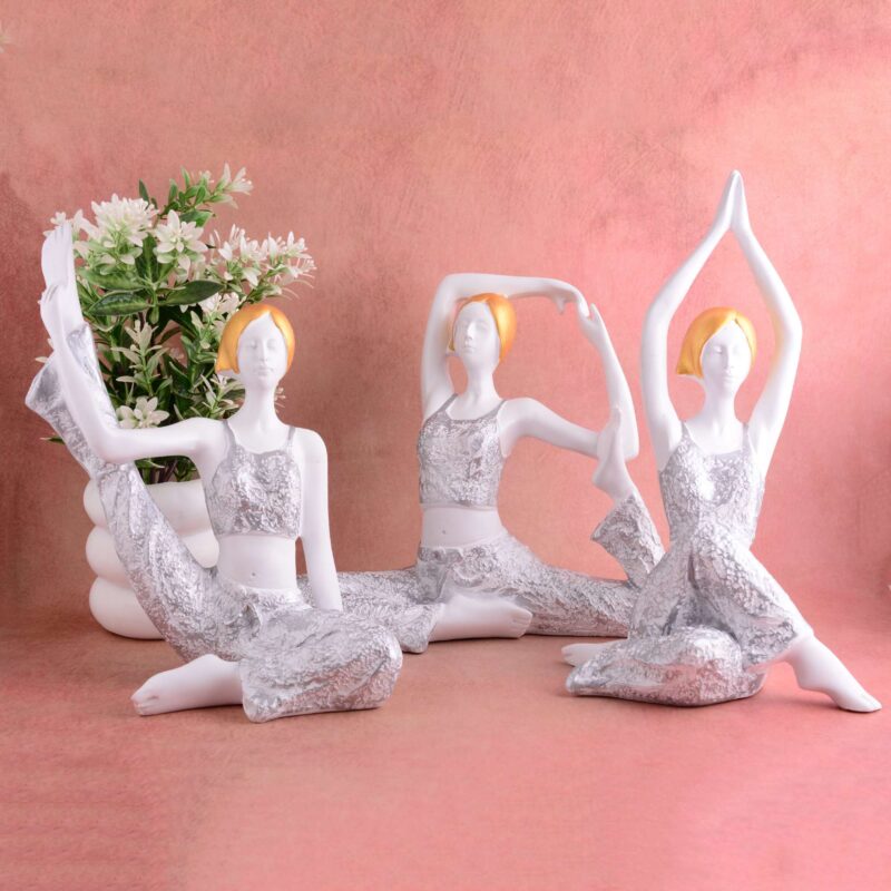 Suitable for home decor Yoga Posture Lady Statue Idol for Home Yoga Statue three pair admirable piece of gift (silver)