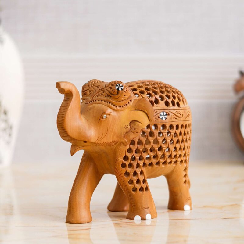 Rajasthani Tribal Handmade Brown '' Elephant '' Figured Wooden Statue Antique Design Elephant for Showpiece with Brown Colour